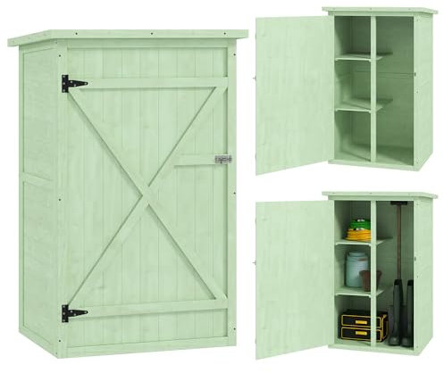 Outsunny Wooden Garden Shed, Outdoor Storage Small Shed with 2 Shelves, Sloped Roof and Bolt Latch, Compact Utility Tool Cabinet Organiser for Yard Patio Garage, 75 x 56 x 115 cm, Green