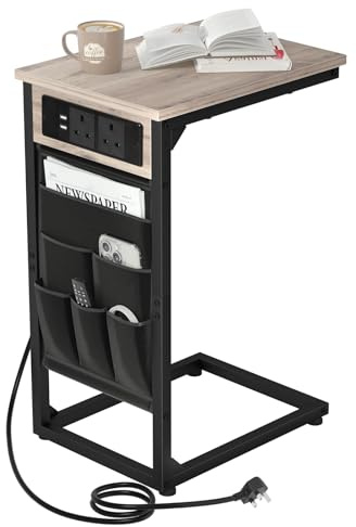 AMHANCIBLE C-Shaped Side Table,Sofa Table with Charging Station,2 USB & AC Outlets,Bedside Table with Cloth Storage Bag, End Table for Small Spaces, Coffee Table for Living Room, Grey HET04CGY-1