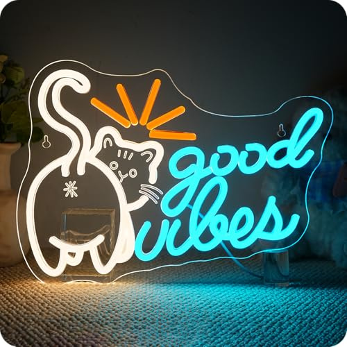 Horseneon Good Vibes Scritte Neon,Gattino Neon Led, Cat Good Vibes Scritte Led Da Parete per la Decorazione da Parete, Cartelli Luminosi per Soggiorno,Sala Giochi, Ufficio, Caffetteria