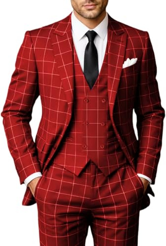 Solovedress Suits for Men, 3-Piece Classic Checked Men's Suit, Jacket, Trousers, Vest for Weddings and Business, red, L