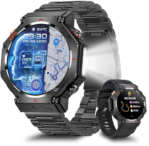Rmana Herren-Smartwatch, Smartwatch mit integriertem GPS, Anrufen über Bluetooth und HD-Display 1,39 Zoll, 3 ATM, wasserdicht und Akku 530 mAh, Sportuhr für Herren mit 107 Sportmodi (Retro)