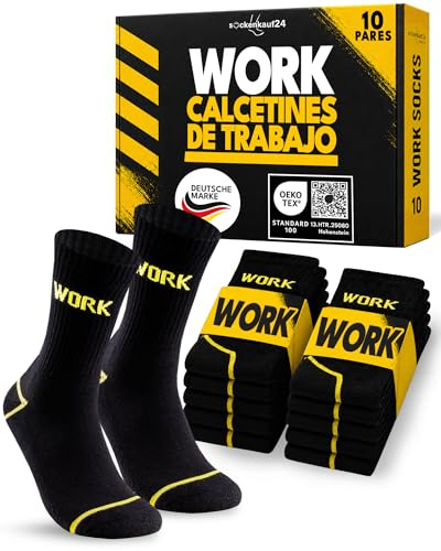 10 Paia Calze da Lavoro Uomo Cotone Rinforzate WORK Socks Nero 47-50