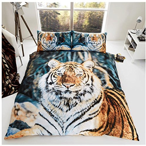 GC GAVENO CAVAILIA Microfiber Double Bedding Set - 3D Tiger Duvet Cover with Pillowcases - Animal Printed Double Quilt Cover Bed Linen(200x200 cm) - Hypoallergenic Comforter Cover & All Season