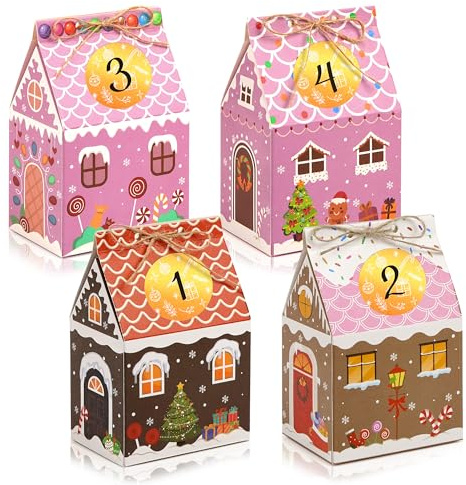 Linkidea Set di 24 scatole per caramelle natalizie a forma di casa di pan di zenzero, bomboniere, scatole di carta per famiglia e confezioni regalo festive
