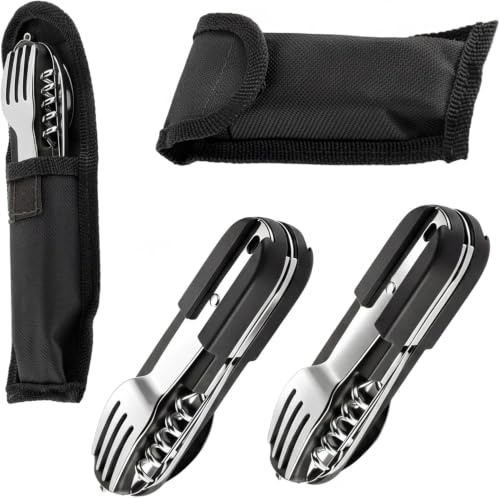 Dexpally Lot de 2 Couvert Camping Multifonction, Couteau Fourchette Cuillere 7 en 1 en Acier Inoxydable, avec Sac de Rangement - Multifonction pour Randonnée, Pique-nique et Voyage.(Noir)