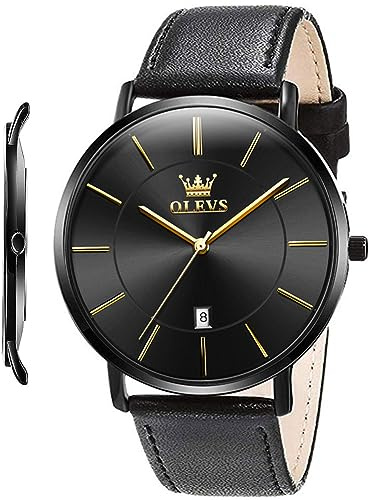 OLEVS Men Leather Watches Black Ultra Thin 6.5mm Minimalist Dress Fashion Simple Casual Waterproof Date Watch for Men