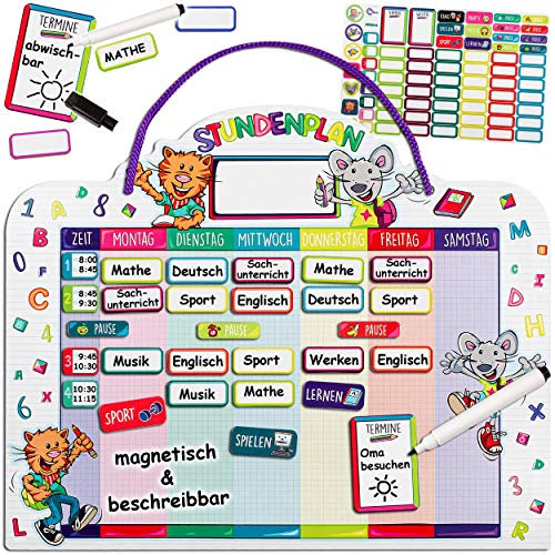 alles-meine.de GmbH Stundenplan - magnetisch + abwischbar - Wisch & Weg - Wochenplaner/Memoboard - lustige Katze & Maus - mit Folienstift - incl. 75 Stück Magnettafeln zum Besc..