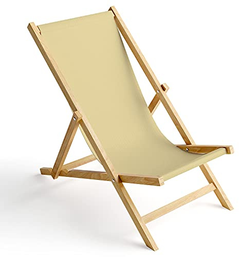Ferocity Holz-Liegestuhl Klappbar Klappliegestuhl Sonnenliege Strandstuhl Wechselbezug Motiv Ecru Beige [119]