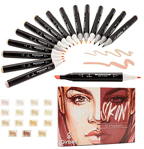 Girben Set Skin Pennarelli ad Alcool – 15 Tonalità Pelle e Naturali, Marker Professionali Doppia Punta Brush & Scalpello per Ritratto, Manga, Illustrazione – Idea Regalo Creativa