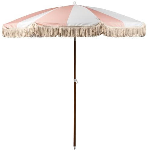 BEACH STATE Summerland 6.5ft Beach Umbrella with Fringe, UV 50+ Patio Umbrella with Titlting Pole, Holiday Tassel Umbrella with Carry Bag, (Pink Salt Stripe)