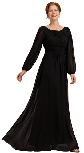 Ever-Pretty Vestito da Sera Donna Lungo Cintura Rotondo Manica Lunga Elegante Abiti da Cerimonia ES0106B Nero 52