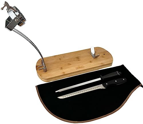 Jamenero Plegable Cabezal Giratorio + Cubre Jamon Negro + Afilador manual + Cuchillo Jamonero