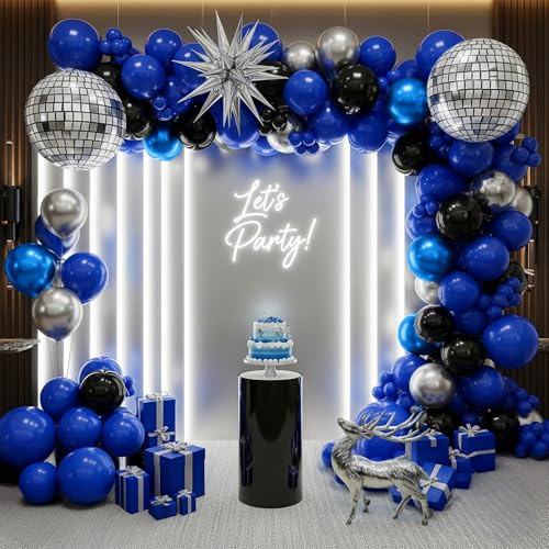 Royal Blue and Silver Balloon garland kit - with star 4D Disco ball Foil balloons for men 30th Birthday Fathers Day office Party graduation 80s 90s Disco theme Decorations