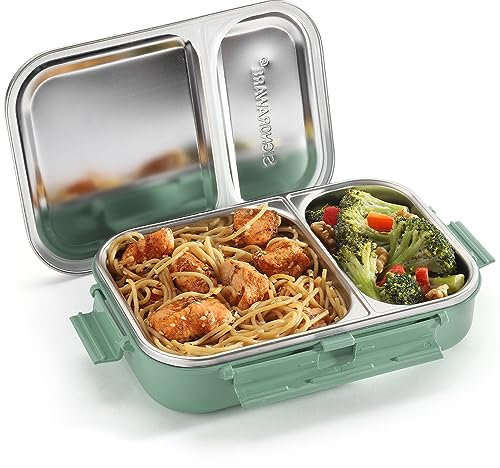 Signoraware Stainless Steel Bento Box Adult Lunch Box For Men, Women, Kids Bento Lunch Box Leak Proof Between 2 Compartments Meal Prep Containers Lunch Containers For Adults And Kids School Green