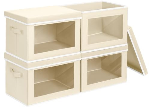 Homsorout Storage Bins with Lids - Fabric Closet Storage Bins with Window, Collapsible Baskets for Shelves 4 Pack, Home Decorative Boxes for Clothes, Closet, Office, Beige