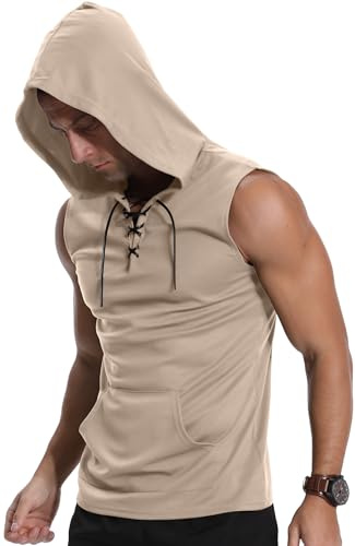 KUYIGO Men's Sleeveless Hooded Sweatshirt Tank Top Fitness Sports Vest Muscle Slimming T-Shirt Top L Khaki