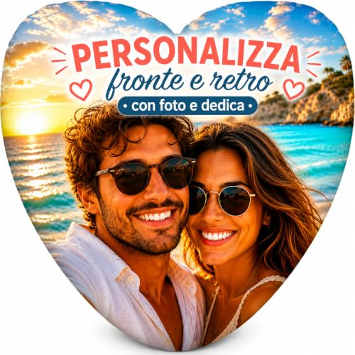 SeeSee Cuscino Cuore Personalizzato con Foto e Dedica 40x40 cm, Stampa Fronte e Retro, Regalo Personalizzato per Coppia, Uomo e Donna, Compleanno, Anniversario, Imbottitura Inclusa, Made in Italy