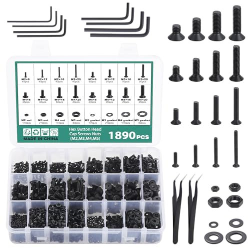 Faankiton 1890 STK Senkkopfschrauben Schrauben und Muttern Set, Innensechskant Sechskantschrauben Muttern Set, M2/3/4/5 Senkkopfschrauben Muttern und Unterlegscheiben, Flachkopf Maschinenschrauben