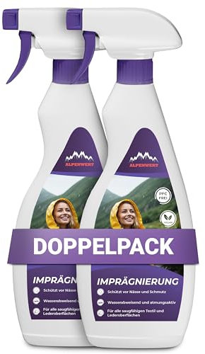 ALPENWERT® Spray imperméabilisant textile 500 ml [Protection déperlante longue durée] Fabriqué en Allemagne pour textiles d'extérieur, veste, chaussures, vêtements de ski, tentes, etc. Extérieur, 2 x
