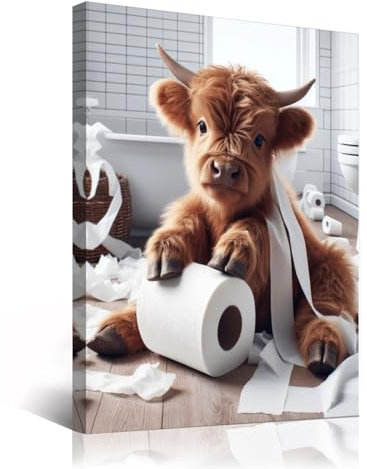 Gerahmte lustige Badezimmer-Dekoration, Wandkunst, Hochlandkuh in Toliet-Papier, Kunstdrucke, Hochlandkuh, Badezimmerbilder, Wanddekoration, rustikales Bauernhaus, Badezimmer, Wanddekoration, lustige
