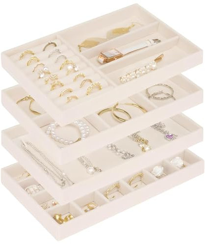 Cirhy Velvet Jewelry Drawer Organizer Trays – Stackable Jewelry Trays for Drawers, Set of 4 Jewelry Organizer for Drawer Inserts, Display Storage Box for Earrings, Rings, Necklaces, Bracelets