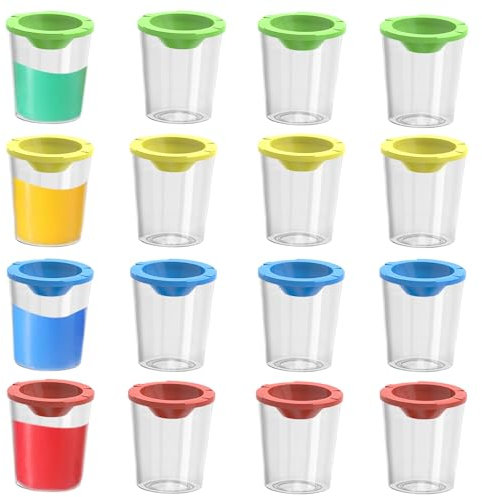 JINGHANGER 16 Stück Plastik Farbbecher mit Verschüttschutz Plastik Paletten Becher mit Deckel Kein Spill Malbecher für Malen, Schule 4 Farben