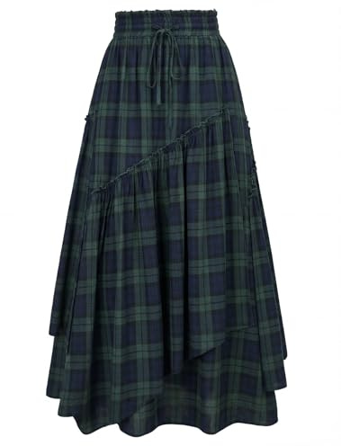 Scarlet Darkness Women Plaid Skirt High Waist A Line Tiered Long Skirt with Pockets, Blue Green Plaid, XXL