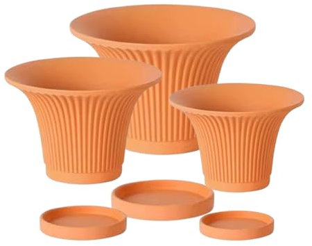 Lot de 3 pots de fleurs en terre cuite rayée rouge avec trou de drainage et soucoupe Grand calibre pour orchidée à suspendre