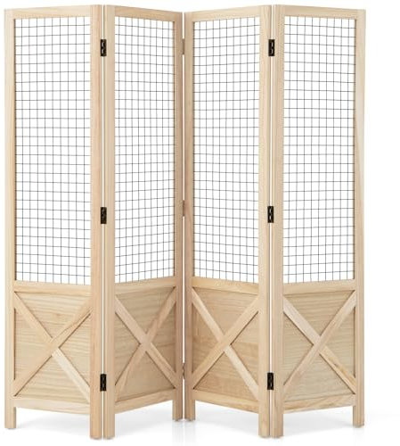 GIANTEX Biombo Plegable de 4 Paneles con Rejilla, Separador de Privacidad 151 x 144 cm, Madera de Paulownia Natural, Divisor de Habitación para Dormitorio, Salón, No Requiere Ensamblaje
