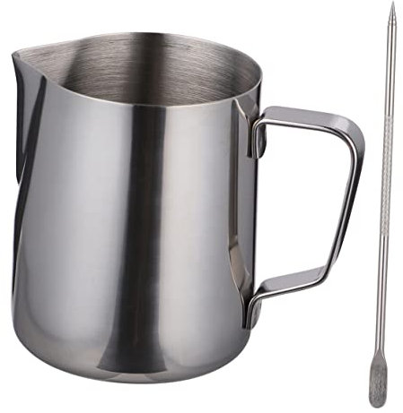CHICAMPERA Pichet à Mousse de Lait en Acier Inoxydable 350 Ml avec Stylo Latte Art Tasse à Mesurer pour Cappuccino Anti-Chute et Antirouille pour Café et Bar Set de 2 Pièces