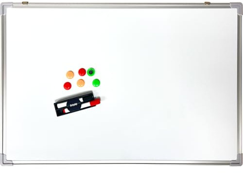 Dohe - Lavagna magnetica 90x60 cm - Accessori: 2 pennarelli, 6 magneti/spilli, gomma e vassoio, lavagna magnetica bianca, cancellabile a secco, cornice in alluminio