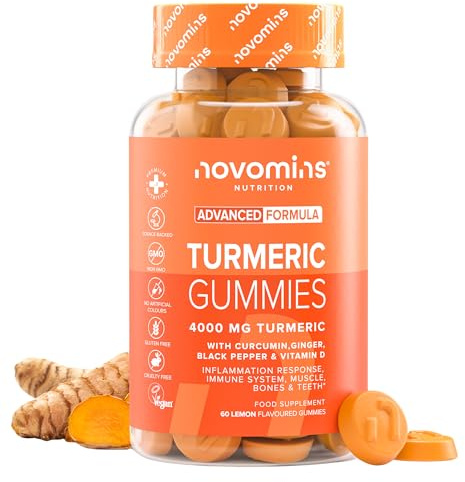 Curcuma Gommose - 4000 mg con Zenzero, Curcumina, Pepe Nero e Vitamina D - Sistema Immunitario, Muscoli e Ossa (Vitamina D) - Vegan, 60 Gommose Gusto Limone - Novomins