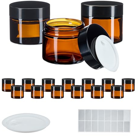 Relaxdays Salvburk, set om 16, 60 ml, brunt glas, degel med skruvlock, täckskivor, etiketter, brun/svart