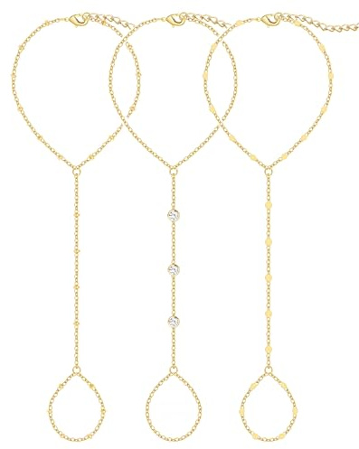 3PCS 14K Gold-Plated Hand Chain Bracelets for Women, Stack Bracelets Set Adjustable, Dainty Ring Bracelet Hand Chain