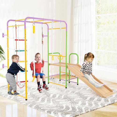 GOPLUS 6 en 1 Structure Escalade Enfants, Gymnase Montessori d'Intérieur avec Mur d'escalade, Barres,Echelle, Corde à Grimper, Anneaux, Balançoire, Toboggan et Grimpeur, pour Enfants de 3+ Ans