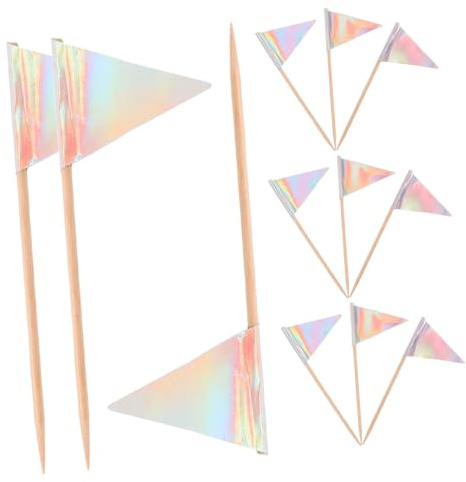 TOGEVAL 12pcs Triangle Cake Flags Food Picks Colorful Silver Dessert Fruit Picks for Party Decorations Lightweight Portable Cupcake Topper Sticks for Cheese Platters and Celebration