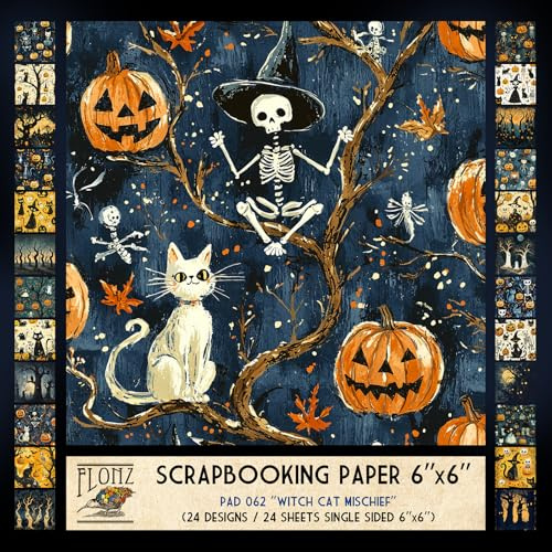 FLONZ Scrapbook Paper (24 sheets 6x6) Witch Cat Mischief ~ Playful Halloween compositions with witches, cats, and pumpkins in bold digital style combining vintage motifs and layered texture