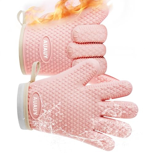 AUAUY 1 Par Guantes para Horno, Guante Horno Cocina con 5 Dedos, Rosa Claro | Silicona Resistente al Calor 446 °F Manoplas Horno Antideslizantes, Hornear Cocinar Microondas