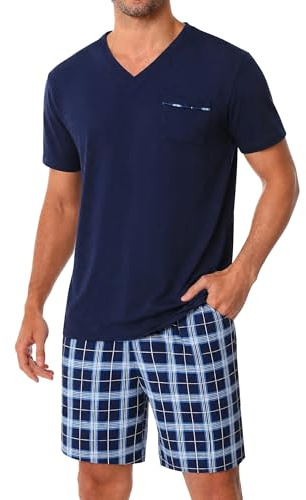 Bresdk Pigiama Corto Estivo Uomo Cotone Maglietta a Maniche Corte e Pantaloncini 2 Pezzi Pigiami con Scollo a V Azzurro 4XL