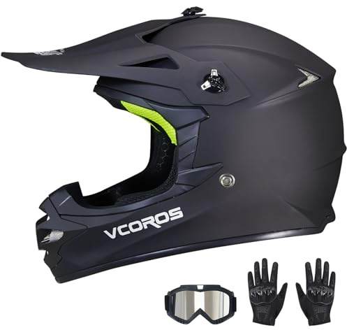 VCOROS Kids Dirt Bike Helmet Youth Motorcycle Helmet, RY001 Kids Motorcycle Full Face Helmet for ATV BMX UTV Off-Road Dirtbike Helmet with Goggles Gloves DOT Approved(Matte Black,XL)