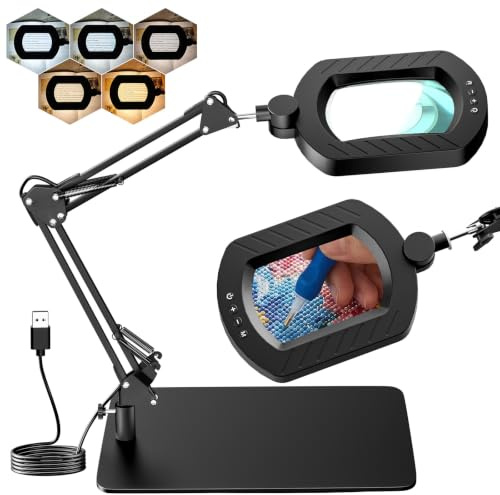 Magnifying Glass with Light and Stand for Reading, USB Powered Large Lighted Magnifer Desk Magnifying Lamp Real Glass Lens for Diamond Art Books Hobbies Crafts Close Work