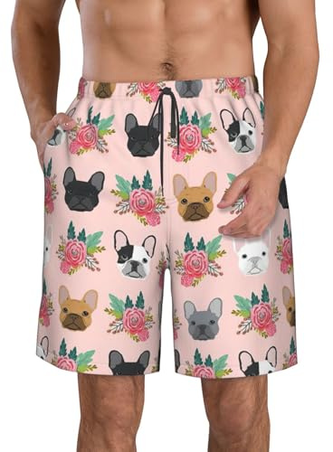 ASFgda Pantalones cortos de playa de secado rápido con estampado de bulldog francés y flores, pantalones cortos con cordón y bolsillos y forro de malla, traje de baño de verano, blanco, L