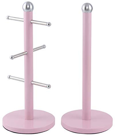 Mug Holder and Paper Holder Kitchen in Light Blue, Pink or Mint Green, Stainless Steel, Pink, 41.5 x 15.2 x 15.2 cm