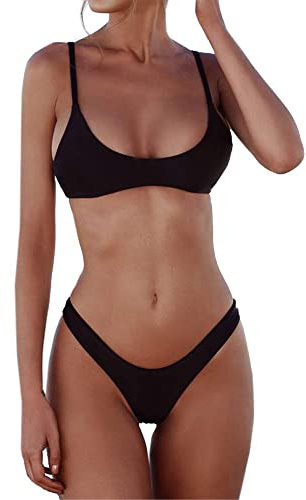 SherryDC Women's Solid Scoop Neck Push Up Padded Brazilian Thong Bikini Swimsuit,Black,(US 4-6) M