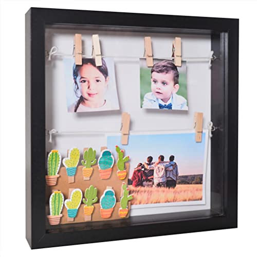 Gadgy Cuadro 3D Negro 25x25x4 cm - Marco de Fotos con Fondo Profundo y Pinzas - Diseño Decorativo para Recuerdos, Fotos y Proyectos DIY