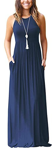 PCEAIIH Women's Casual Sleeveless Maxi Dress Loose Long Dresses with Pockets (L-B-Navy)