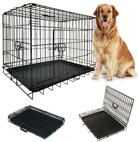 Jupitor Dog Crate Puppy Crate Large Metal Dog Cage for Car Boot, 2 Door 2 Locks Puppy Playpen with Non-Chew Metal Removable Base Tray, Steady Handle Easy to Carry/Transport, 36-inch Black