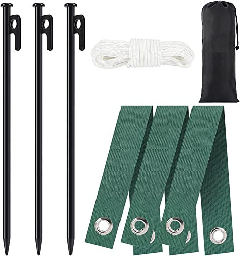 LATERN 8 Pièces Piquets d'arbre Kit, 3Pcs 30cm Piquets d'arbre Robustes avec 3Pcs Sangles de Jalonnement d'arbre et 10m Corde d'ancrage pour Supports dans Protection Contre Ouragans et Intempéries