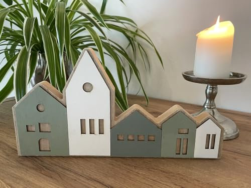 LB H&F Häuserreihe Haus Holz Natur Dekohaus grün Tischdeko bemalt natur Wohnzimmer Deko 30cm Hygge Skandinavisch (Haus Set 2)