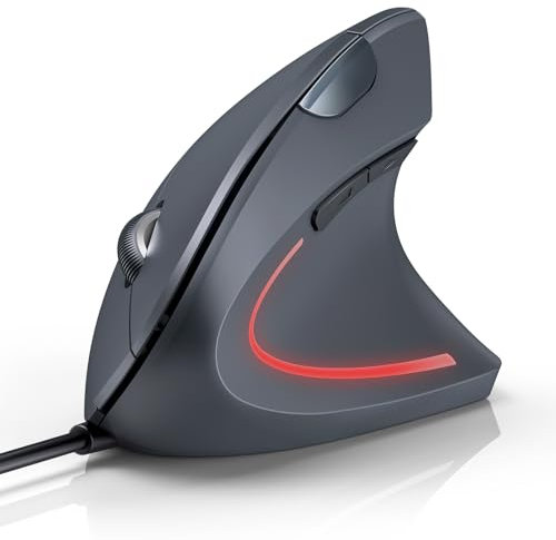 TECKNET Ergonomische Vertikale Optische Maus, Vorbeugung Gegen Mausarm/Tennisarm, 6400 DPI 6 Tasten, LED-Beleuchtung, PC Maus mit USB Kabel für Rechtshänder, Windows und Mac OS - Grau